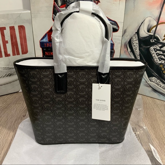 Michael Kors Jodie Small Black Jacquard Logo Recycled Polyester Tote Bag Handbag - Picture 2 of 8